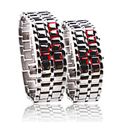 Silvery Metal Strip Digital Lava Style Iron Sport Couple Red LED Faceless Wrist Watch