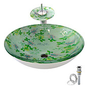 Floral Tempered glass Vessel Sink With Waterfall Faucet ,Pop - Up drain and Mounting Ring