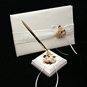 Carnation Wedding Guest Book And Pen Set In White Satin