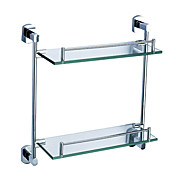 2-tier in ottone cromato satinato ripiano in vetro rotondo con base quadrata e cilindro congiunto