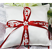 Ring Pillow In Satin With Red Sash And Embroidered Petals