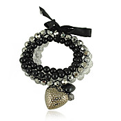 Black And White Layered Ladies' Strand Bracelet With Heart And Bow