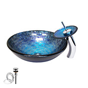 Tempered Glass Vessel Round Sink With Waterfall Faucet ,Pop - Up drain and Mounting Ring