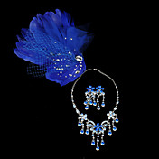 nydelig fjær med rhinestones / kubisk zirkonia smykker sett (halsbånd / øredobber / headress blomst)