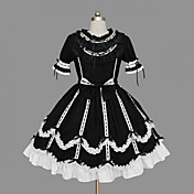Mangas cortas hasta la rodilla Negro y Blanco Vestido algodón dulce lolita