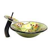 Tempered Glass Round  Vessel Sink With Waterfall Faucet ,Pop - Up drain and Mounting Ring