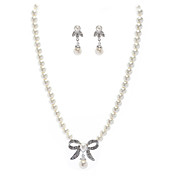 Pearl With Rhinestone Bow Necklace And Earring Set