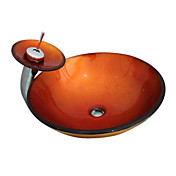 4258 Tempered Glass Vessel Round Sink With Mounting Ring and Waterfall Faucet and Pop-Up Drain