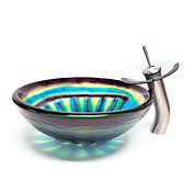 VT4230 Tempered Glass Vessel Round Sink With Mounting Ring and Pop-Up drain and Waterfall Faucet