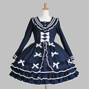 Langærmet Knælang Ink Blue Cotton Aristocrat Lolita Dress