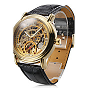 Reloj Pulsera Mecánico Análogo de Cuero PU y Caja Dorada de Hombre