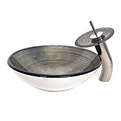 Black and White Circle Foliation Tempered Glass Vessel Sink with Waterfall Faucet, Mounting Ring and Water Drain
