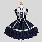 Short Sleeve Knee-length Ink Blue Cotton White Lace Sweet Lolita Dress
