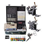 2 Cast Iron Tattoo Gun Kit med LCD Power og 7 farger blekk