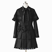 Langærmet Knælang Black Cotton Classic Lolita Kjole med sjal