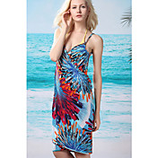 Kvinder Blå Fashion Summer Floral Print Swim Dress (Længde: 150cm, Bredde: 105cm)