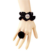 Handmade Black Satin Gothic Lolita Bracelet with Fur Ball Ring