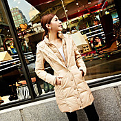 Women's Hooded Zip-up Long Down Coat with Pockets and Button Detail