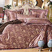 4 PCS 400TC Purple Jacquard Silk Fringed Duvet Cover Set
