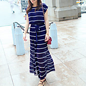 Women's Contrast Color Stripes Maxi Dress With Self-belt