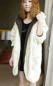 Long Sleeve Hooded Collar Evening/ Career Faux Fur Coat With Pockets