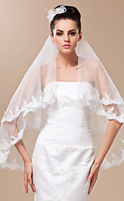 Two-tier Fingertip Wedding Veil With Lace Applique Edge