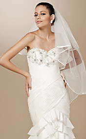 Two-tier Tulle Pearl Trim Edge Fingertip Wedding Veil With Pearls / Rhinestones (More Colors)