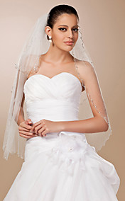 Three-tier Tulle Beaded Edge Fingertip Wedding Veil With Rhinestones