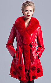 Long Sleeve Fox Fur Shawl Collar Lambskin Leather Casual/Evening Coat (More Colors)