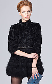 Chic Half Sleeve Collarless Rex Rabbit Fur And Lamb Fur Casual/Party Coat