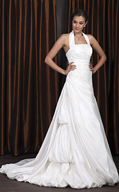 A-line/Princess Halter Chapel Train Taffeta Wedding Dress With Beaded Appliques