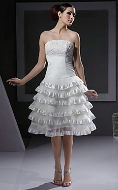 A-line Strapless Knee-length Satin and Organza Tiered Wedding Dress
