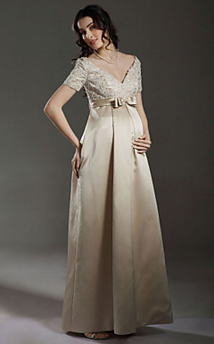 Sheath / Column Empire V-neck Floor-length Satin Maternity Wedding Dress