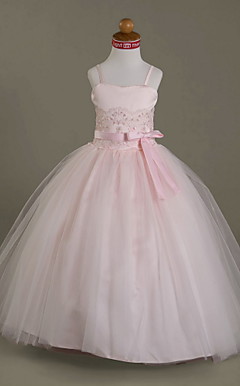 Ball Gown Spaghetti Straps Floor-length Satin Tulle Flower Girl Dress
