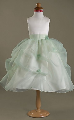 Ball Gown Jewel Tea-length Satin Organza Flower Girl Dress