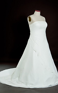 A-line Strapless Court Train Chiffon Over Satin Plus Size Wedding Dress