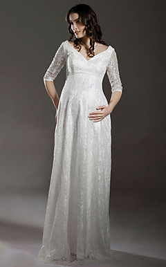 Sheath/ Column Empire V-neck Floor-length Lace Over Satin Half-Sleeve Maternity Wedding Dress