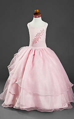 Ball Gown Spaghetti Straps Floor-length Satin Organza Flower Girl Dress