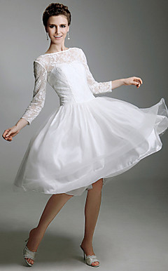 A-line Bateau Knee-length Satin Wedding Dress