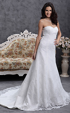 A-line Sweetheart Court Train Lace Over Satin Wedding Dress