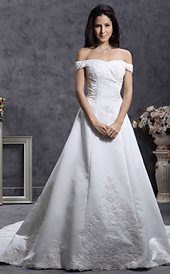 A-line Off-the-shoulder Court Train Satin Wedding Dress