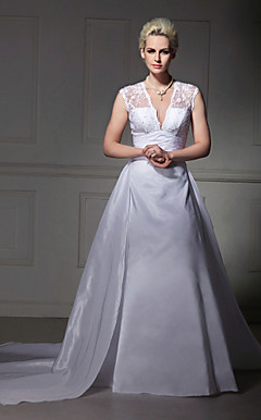 A-line V-neck Taffeta Lace Court Train Wedding Dress