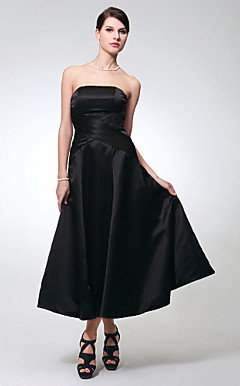 A-line Strapless Tea-length Satin Bridesmaid/Wedding Party Dress