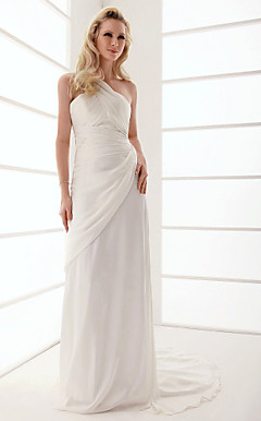 Sheath/Column One Shoulder Sweep/Brush Train Chiffon Wedding Dress