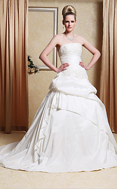 A-Line/Princess vestido sin tirantes de la capilla de tren vestido de novia de tafetán con apliques de perlas