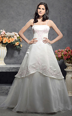 A-line/Princess Spaghetti Straps Sleeveless Floor-length Satin Wedding Dress