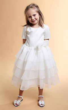 Ball Gown Jewel Tea-length Satin Flower Girl Dress