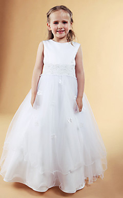 A-line Jewel Floor-length Satin Flower Girl Dress