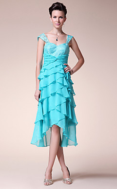 A-line Straps Sweetheart Asymmetrical Chiffon Elastic Woven Satin Wedding Party Dress