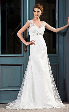 A-line V-neck Court Train Lace Satin Wedding Dress